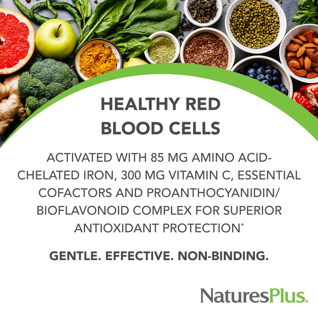 NaturesPlus Hema-Plex Iron - 60 Fast-Acting Capsules - 85 mg Chelated Iron + Vitamin C & Bioflavonoids for Healthy Red Blood Cells - Vegan, Gluten Free - 30 Servings