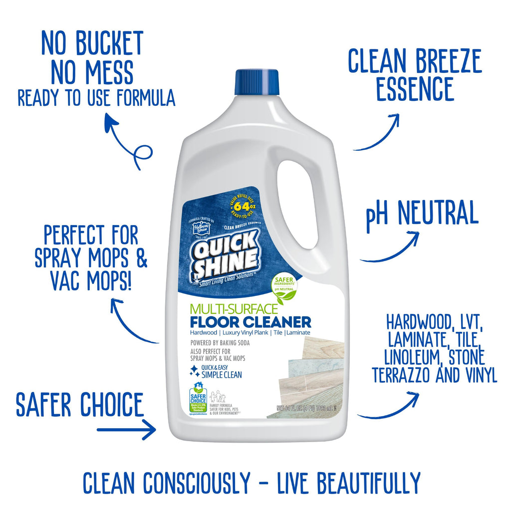Quick Shine Multi Surface Floor Cleaner 64oz, Ready to Use-Streak Free-No Rinse, Use on Hardwood, Laminate, Luxury Vinyl Plank & Stone, Use in Spray Mops & Vac Mops, Safer Choice Cleaner