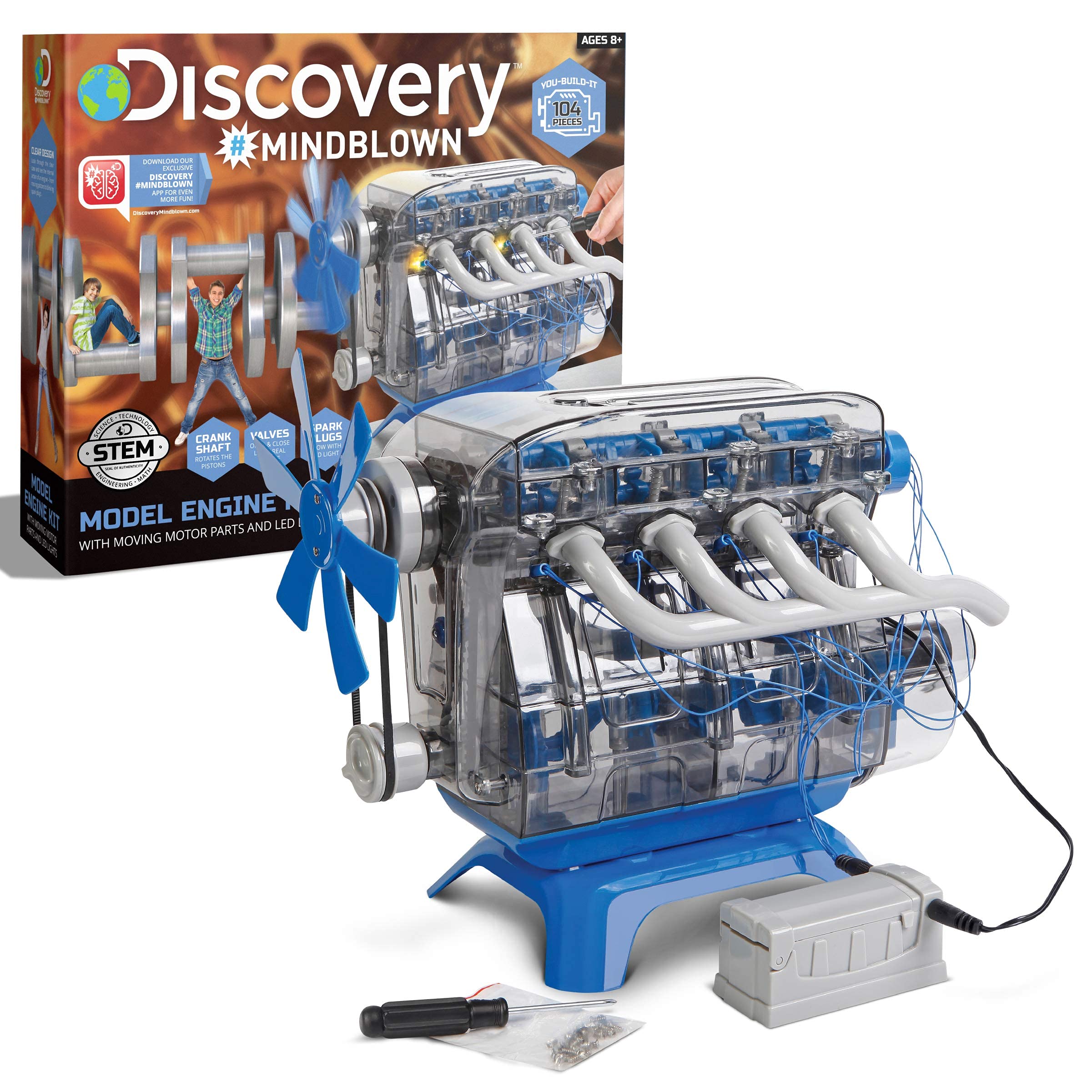 Discovery #MINDBLOWN Model Engine Building Kit, DIY 4-Cylinder Combustion Engine, Working Pistons Fan Valves Belts LED Lights, STEM Mechanic Engineering Construction Experiment Set, Kids & Adults Gift