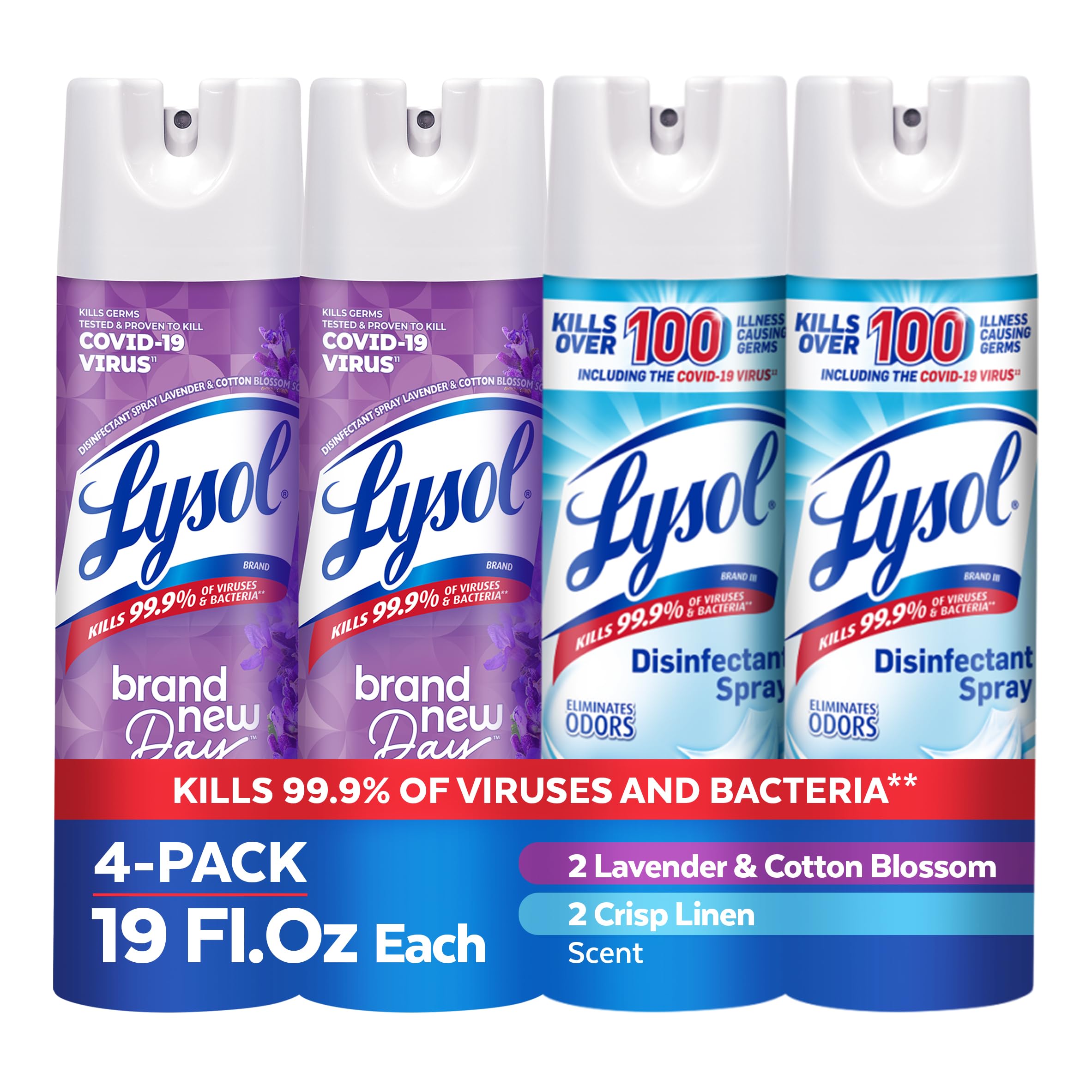 Lysol Disinfectant Spray, for Cleaning and Deodorizing, Lavender & Cotton Blossom + Crisp Linen (Pack of 4)