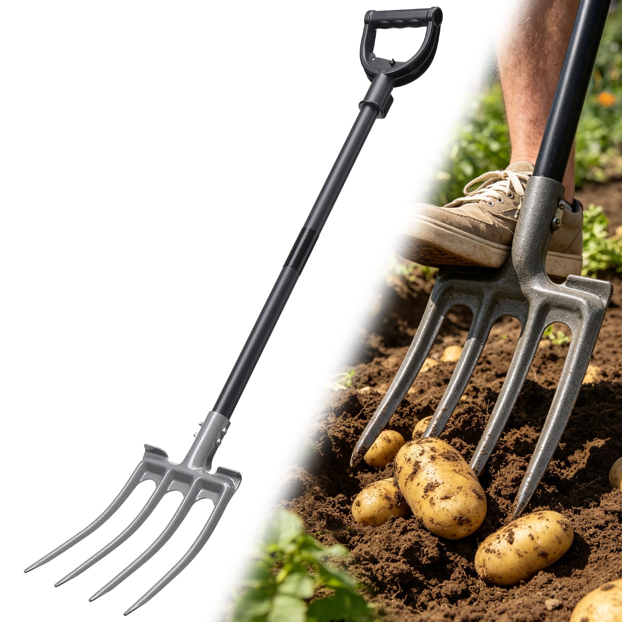 Lcokeiy Pitch Fork, Metal Broadfork Garden Tool Long Handle, 4 Tine Mulch Hay Manure Digging Bedding Hay Potato Garden Fork Shovel for Gardening Loosening Soil Compost
