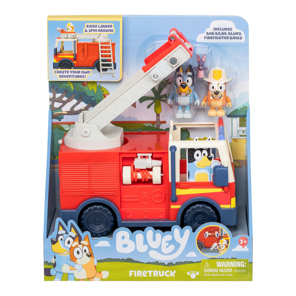 Bluey Firetruck Toy with Firefighter Bingo, Bob Bilby Figures | Extendable Ladder & Hose | Includes Stickers - Perfect for Kids Ages 3+
