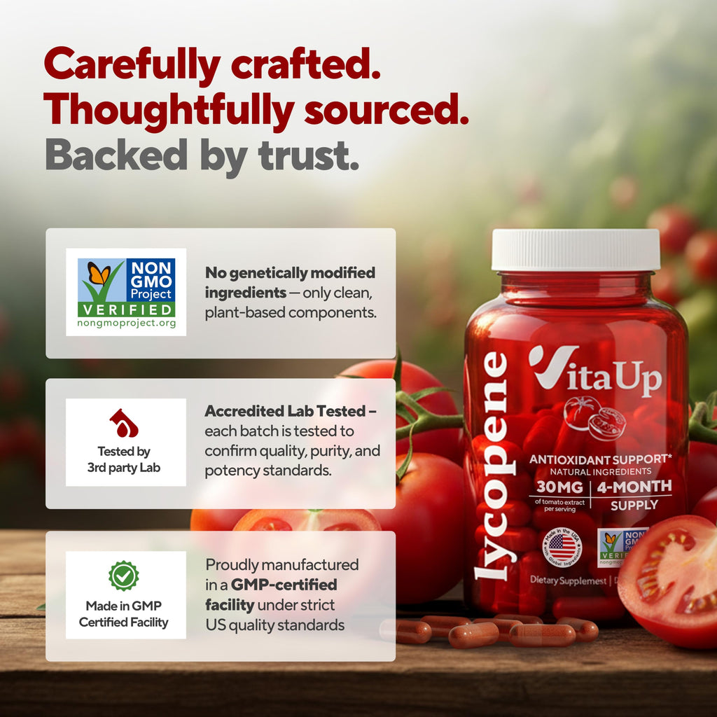 VitaUp Lycopene Supplements for Men – USA Made Prostate Supplements for Men with Natural Tomato Extract – Non-GMO Lycopene Supplement for Normal Prostate, Skin & Antioxidant Support – 120 Count