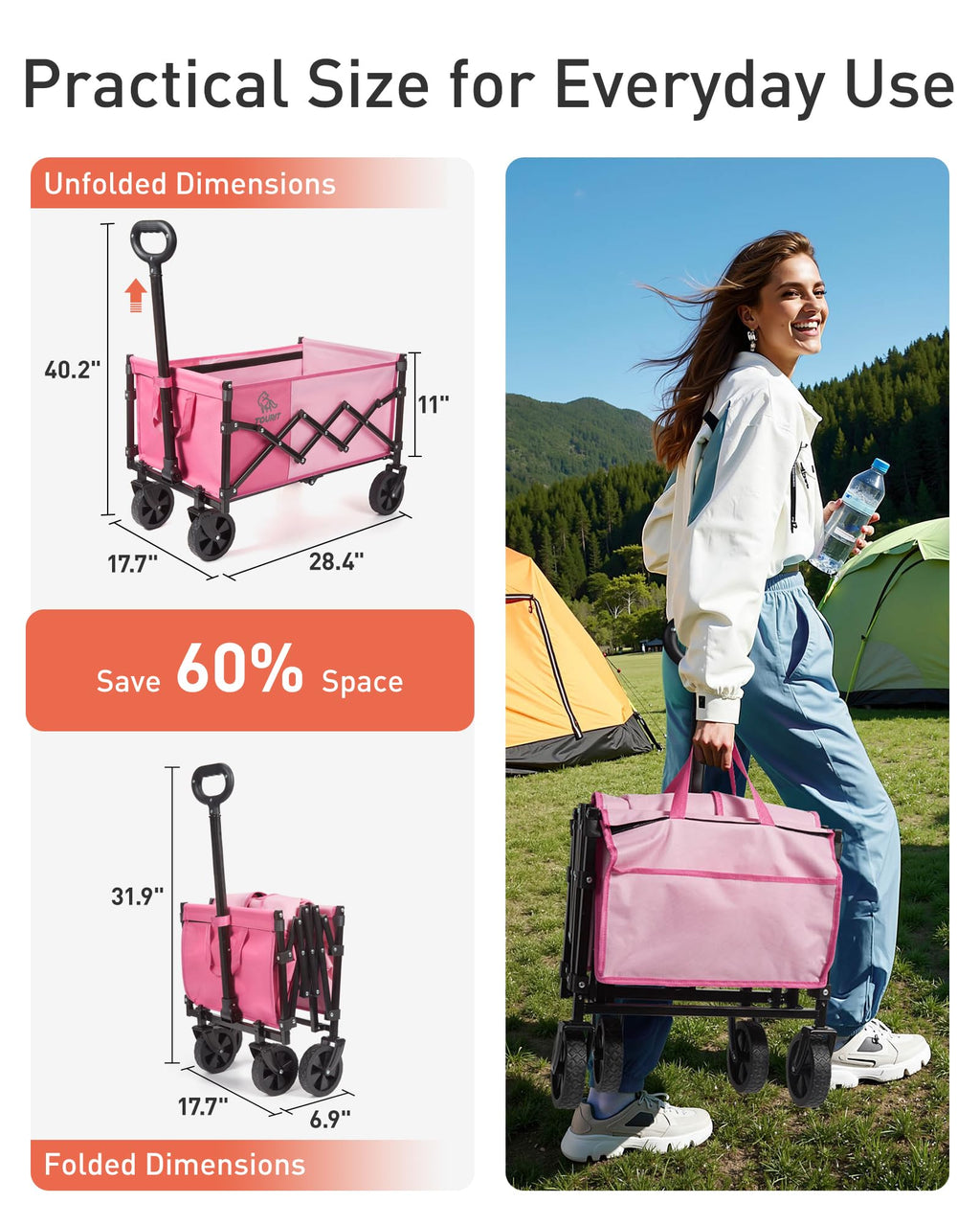 TOURIT Foldable Collapsible Wagon with All Terrain Wheels, Heavy Duty Portable Cart for Camping Beach Shopping, 330 lbs Capacity Utility Cart, Black