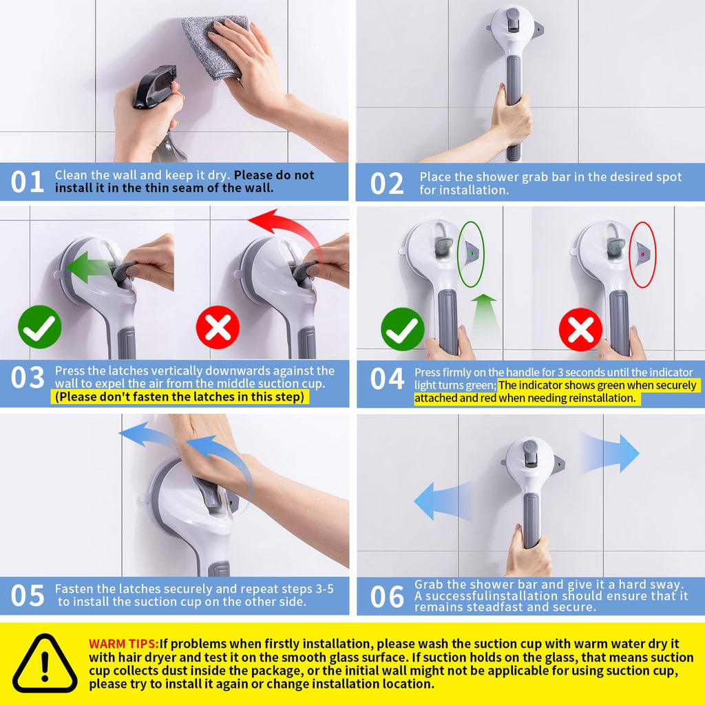 LEATALE Shower Grab Bars for Seniors 2 Pack,16.8" Suction Shower Handle with Safety Indicator, No-Drill Bathroom Safety Rails for Elderly, Bathtub & Tile/Glass (Gray)