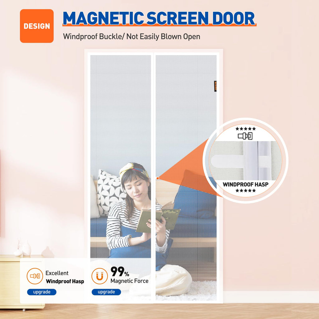 MAGZO Magnetic Screen Door Fit Door Size 36 x 80 Inch, Screen Size 38" x 81" Strong Magnet Door Mesh with Reinforced Hook & Loop for Patio, Sliding, French Door, White