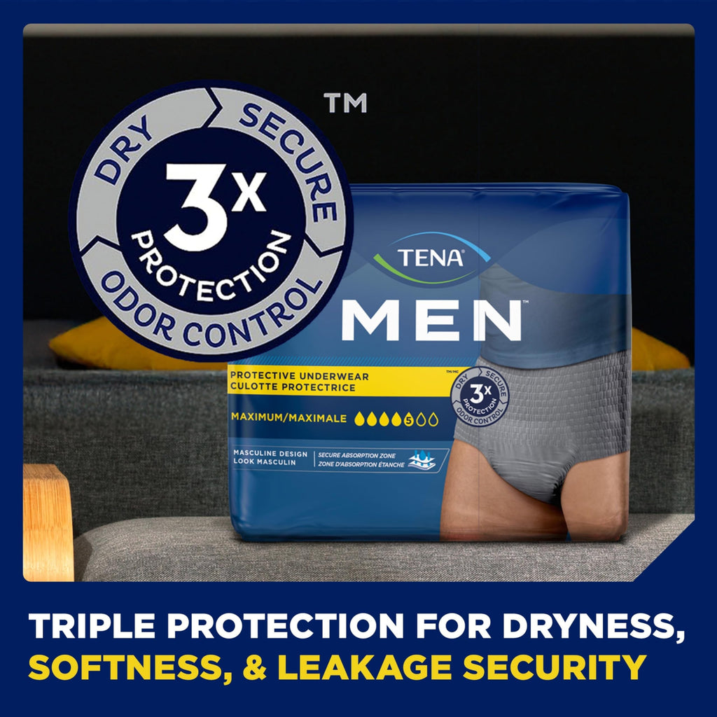 Tena Protective Incontinence Underwear for Men, Maximum, Large, Grey, 80 Count (Waist Size 34in-44in)