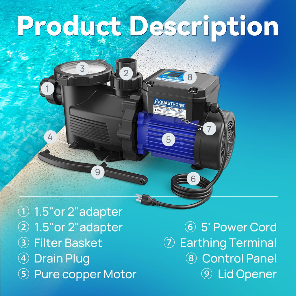 AQUASTRONG In/Above Ground Pool Pump, High Flow (Dual Speed with Timer, 1.5HP, 115V, 4975 GPH)