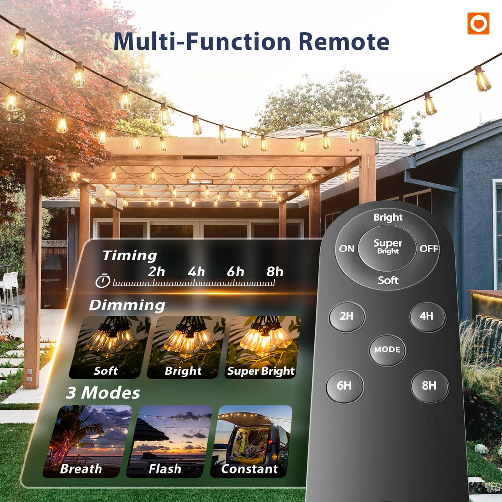 addlon 102FT(96+6) Solar String Lights Outdoor with Remote, Waterproof Patio Lights with 30 Shatterproof LED Bulbs, 30H+ Long-Lasting Dimmable & Timable Solar Light for Backyard Camping Garden Decor