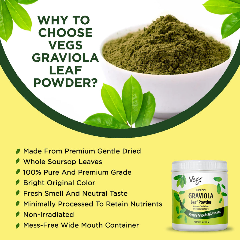 Vegs Graviola Soursop Leaf Powder - The Single Origin, True Green, Organic Graviola Leaves Powder - Gentle Dried & High Potency Soursop with Powerful Antioxidants, Vitamins – No Sugar, Non-GMO, 8 oz