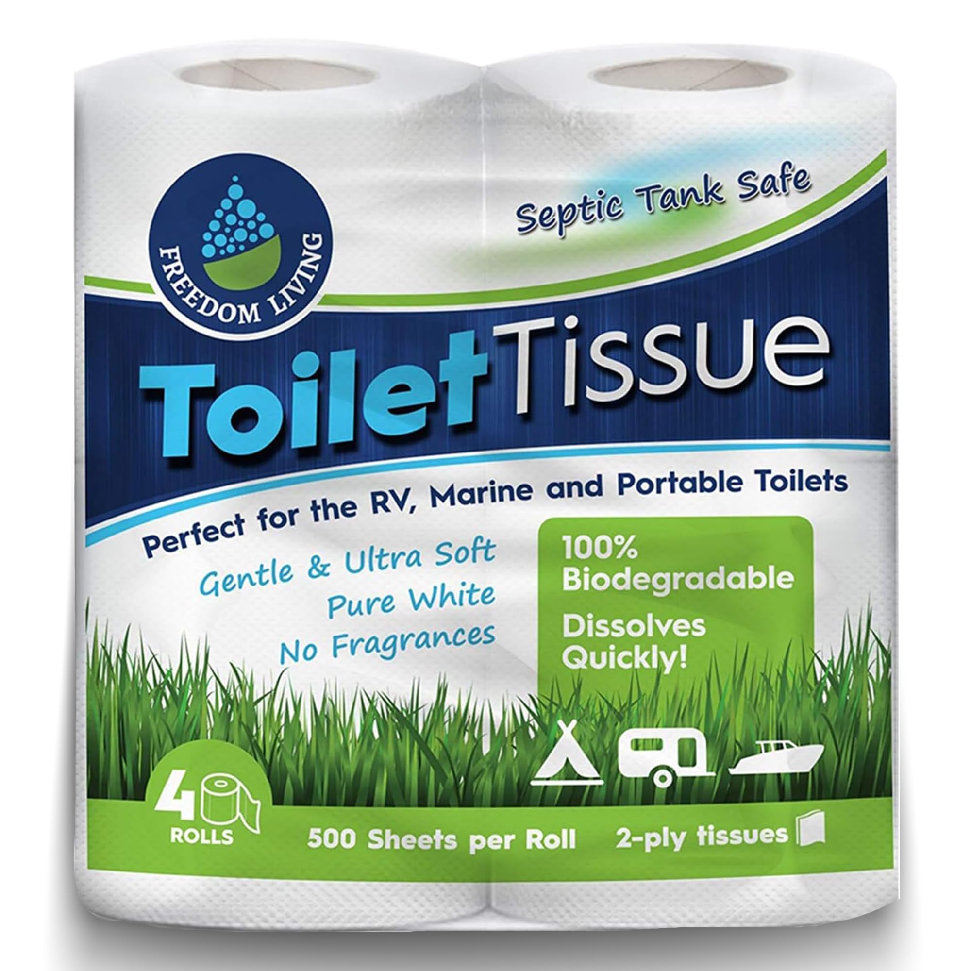 Freedom Living Septic Tank Safe Toilet Tissue for Campers and RVs Biodegradable Marine Toilet Paper for Boats, Fragrance-Free 2-Ply RV Toilet Paper (4 Rolls, 500 Sheets Each)