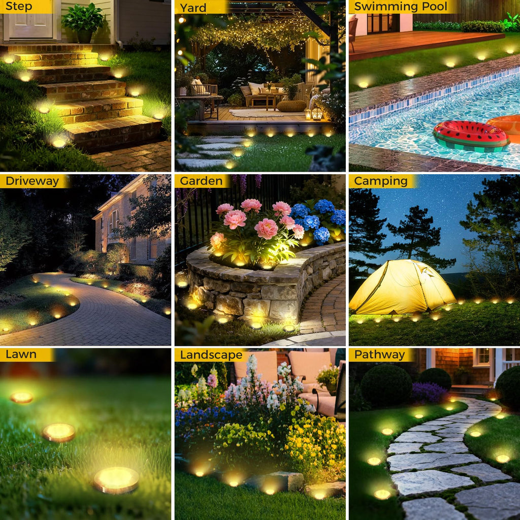 inkgear 10 Pack Solar Ground Lights Outdoor, 8 LED Mini Flat Solar Disk Lights, IP65 Waterproof Anti-Rust Disc Light, Landscape Lighting for Garden Pathway Yard Walkway Driveway Lawn,Warm White