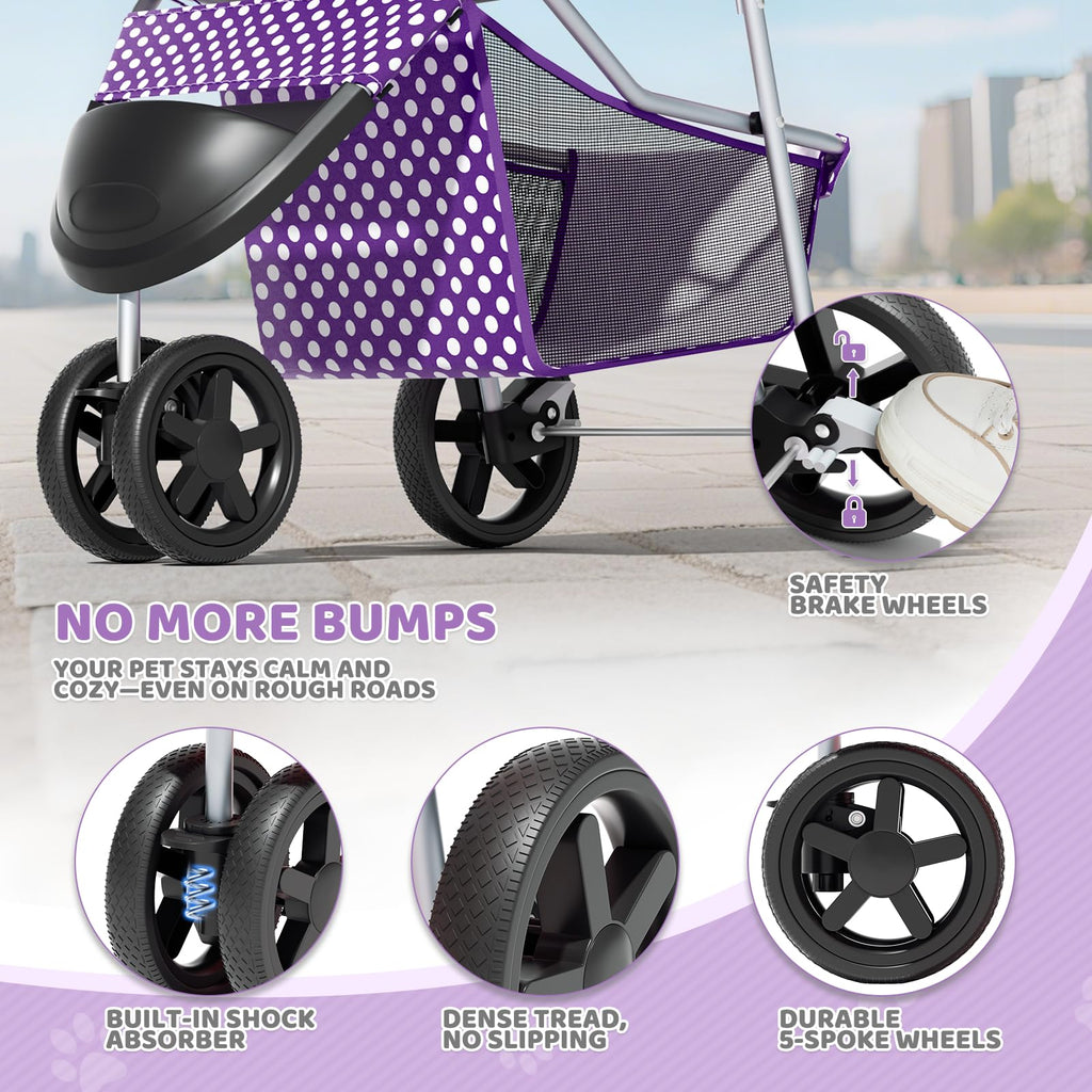 Magshion 3-Wheel Pet Stroller, Foldable Travel Jogger for Small & Medium Dogs & Cats (Up to 33lbs), Lightweight Carrier with Breathable Mesh Cover, Cup Holder & Storage Basket, Purple Polka Dots