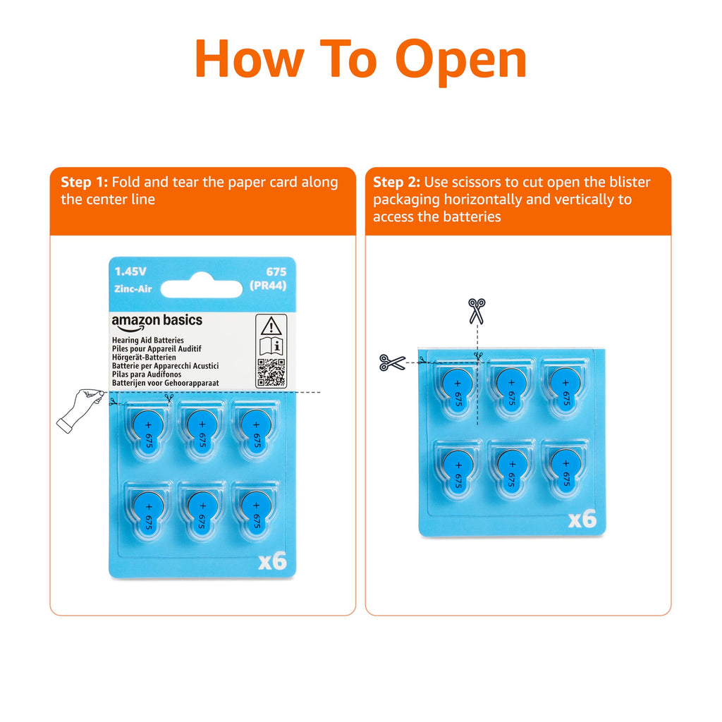 Amazon Basics 60-Pack Hearing Aid Size 675 Zinc-Air Batteries, 1.45 Volt, Blue Tab, 4-Year Shelf Life, Child-Safe Package (Use Scissors to Open)