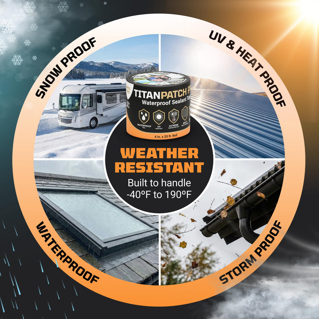 TITANPATCH PRO Waterproof Sealant Tape – Black 4" x20' – Stops Leaks Fast & Stays Sealed for 15+ Years – Sticks to RVs, Roofs, Pools, Boats, Gutters – Built for Harsh Weather (-40°F to 190°F)