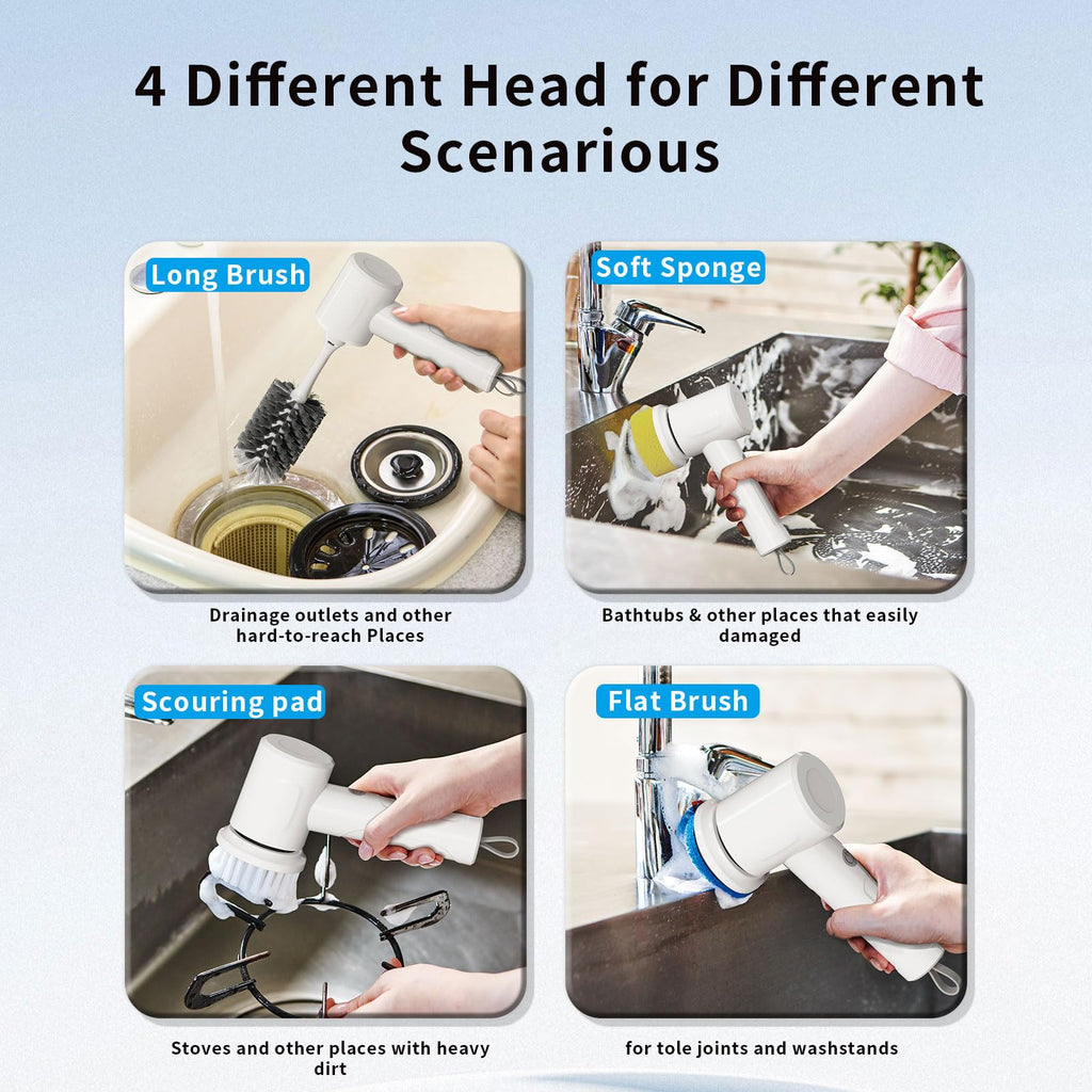 MEFELF Electric Spin Scrubber - Cordless Handheld Cleaning Brush with 2 Speeds & 4 Brush Heads, Rechargeable 1500mAh Battery for Kitchen Sink, Bathroom Tile, Stovetop, Glass, Car Detailing