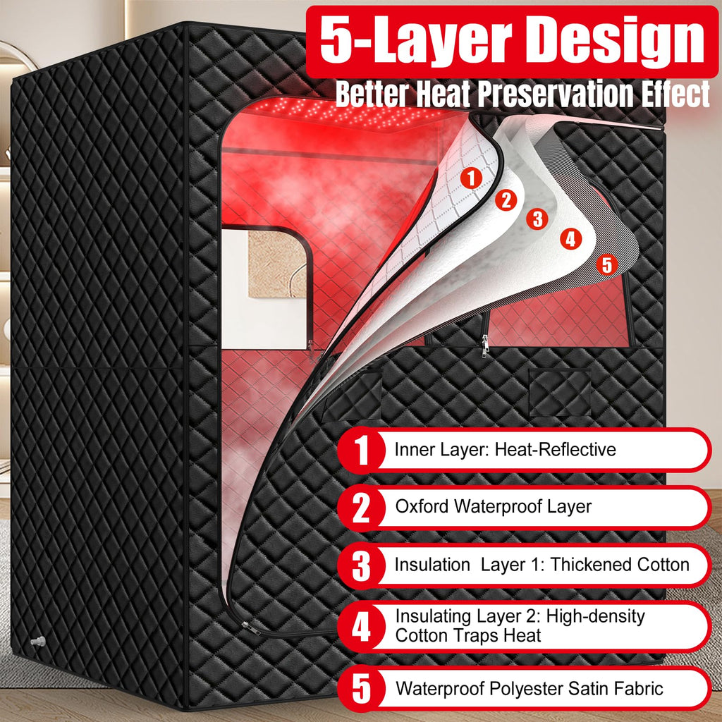 2 Person Infrared Sauna Box for Home, Portable Steam Sauna Room with 660nm+850nm Red Light Therapy Lamp, 5-Layer Waterproof, 2 Steamers, 2 Folding Chair, 2 People Red Light Sauna