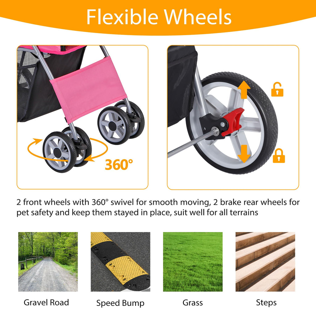 Epetlover 4 Wheels Dog Stroller Folding Pet Strolling Cart for Small Medium Cats Puppies Portable Jogger Travel Camping Puppy Carrier with Storage Basket Cup Holder, Pink