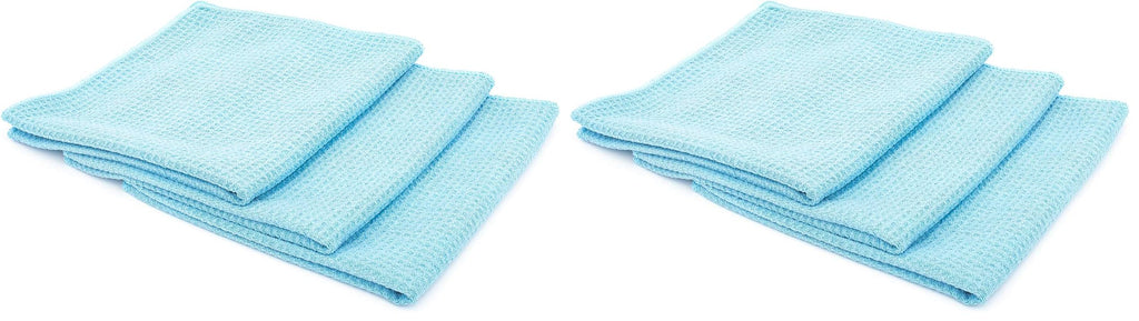 The Rag Company - Standard Waffle Weave Towels, Microfiber Detailing, Window/Glass and Drying, Wax & Polish, Lint-Free, Streak-Free, 370gsm, 16in x 16in, Light Blue (6-Pack)