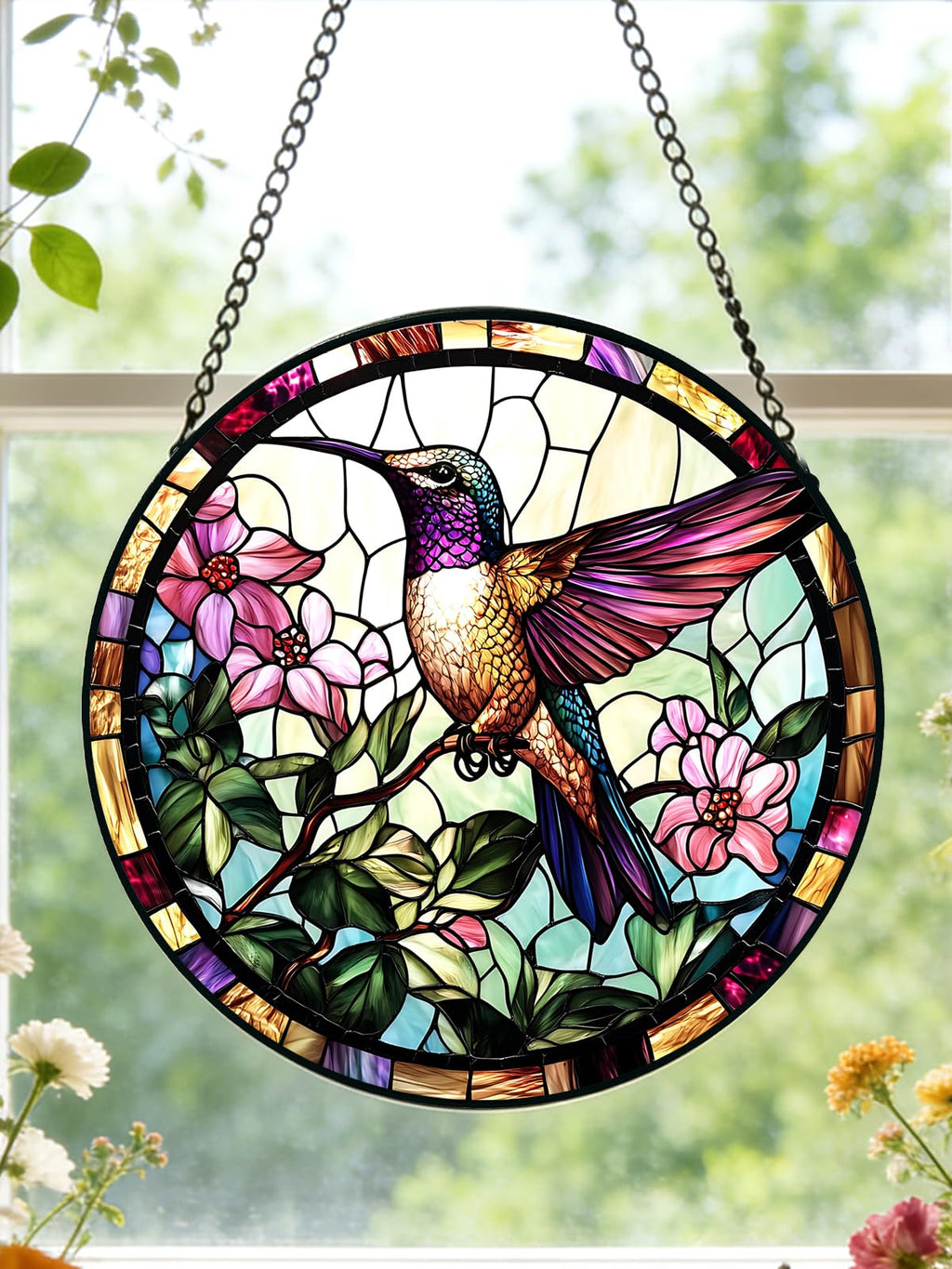 Hummingbird Stained Glass Suncatcher Window Hanging Flowers Gifts for Mom
