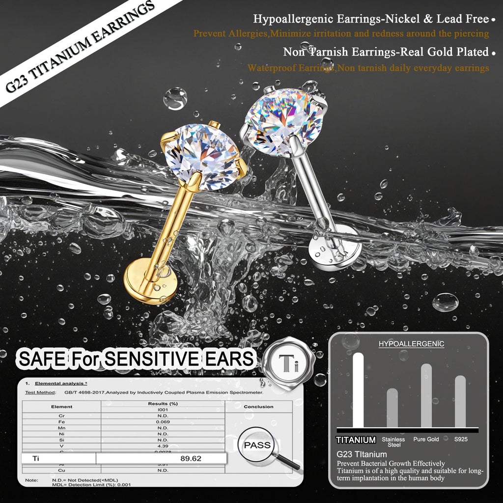 GEMQUEEN Moissanite ＆ G23 Implant Grade Titanium Flat Back Earrings 1CT