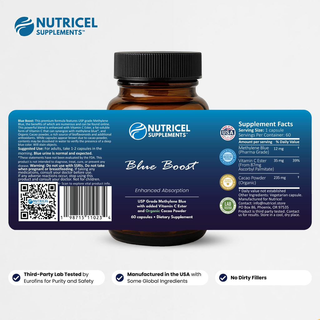 Nutricel Methylene Blue Capsules - Pharmaceutical Grade Supplement - Trusted Made in America Brand - 12mg (USP Reference Compliant) with Vitamin C Ester Enhanced Absorption - Third Party Tested (60ct)