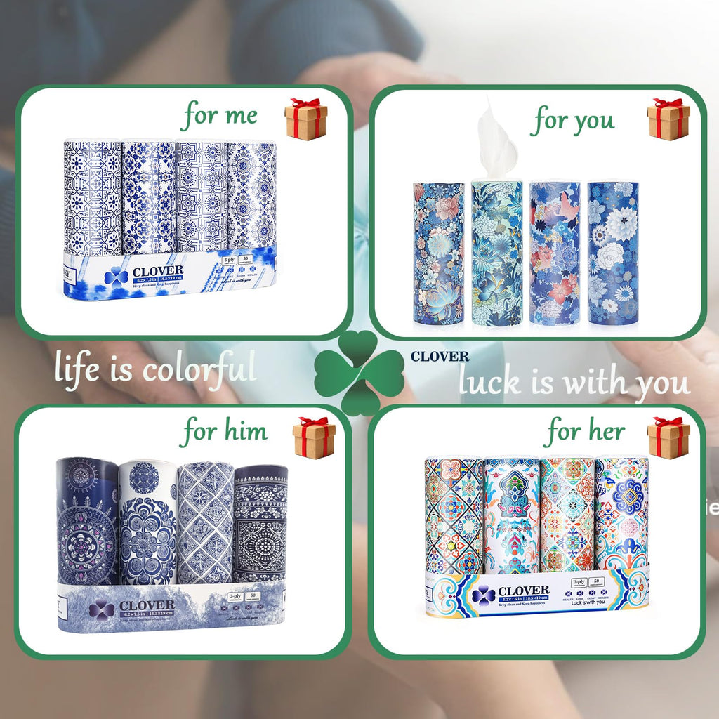 CLOVER Car Tissue Holder with Facial Tissues Bulk,4 Tubes Lotion, Travel Tissues for Cup Holder, Car tissues Cylinder with Gift Wrapping(3-ply,200 Sheets)