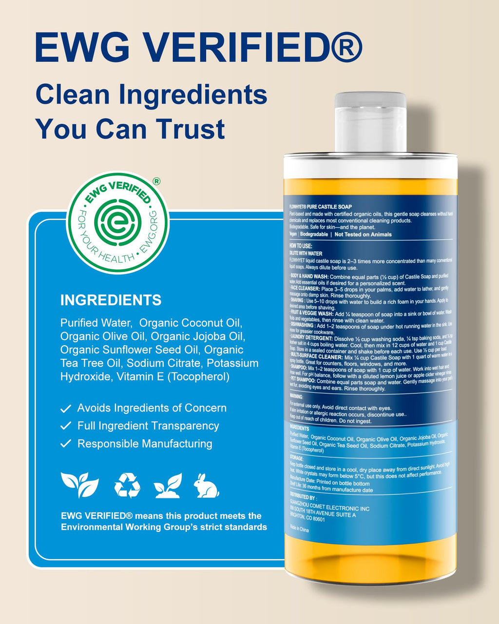 FLOWHYET Pure Castile Soap Liquid Unscented 33.8 fl oz, EWG Verified Organic Body Wash，Bath Soap Castile Liquid, Hard Water Friendly for Sensitive & Oily Skin for Body，Face, Hand, Home Cleaner 1L
