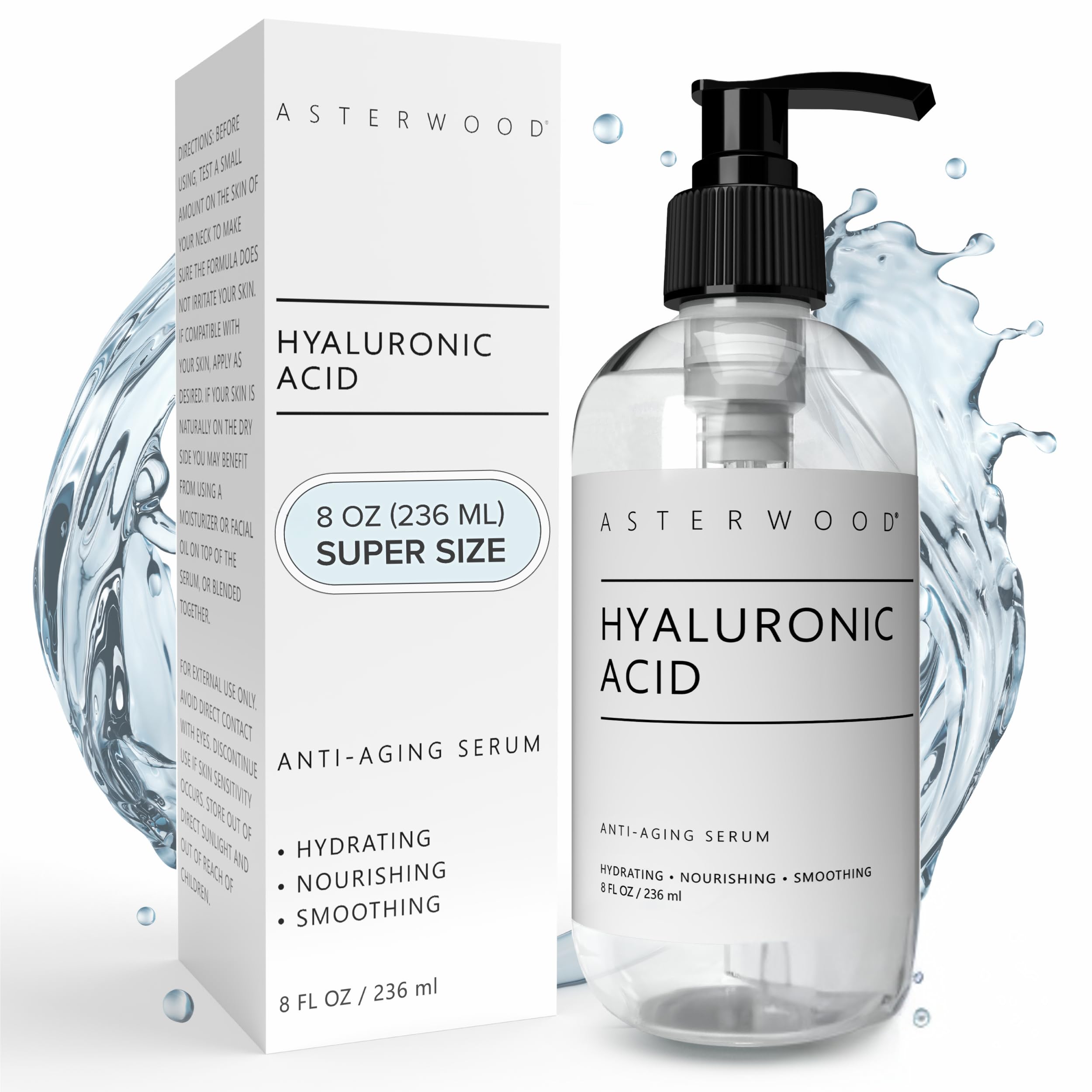 Asterwood Hyaluronic Acid Serum for Face - Plumping, Anti-Aging, Hydrating - Fragrance-Free - 8 Fl Oz