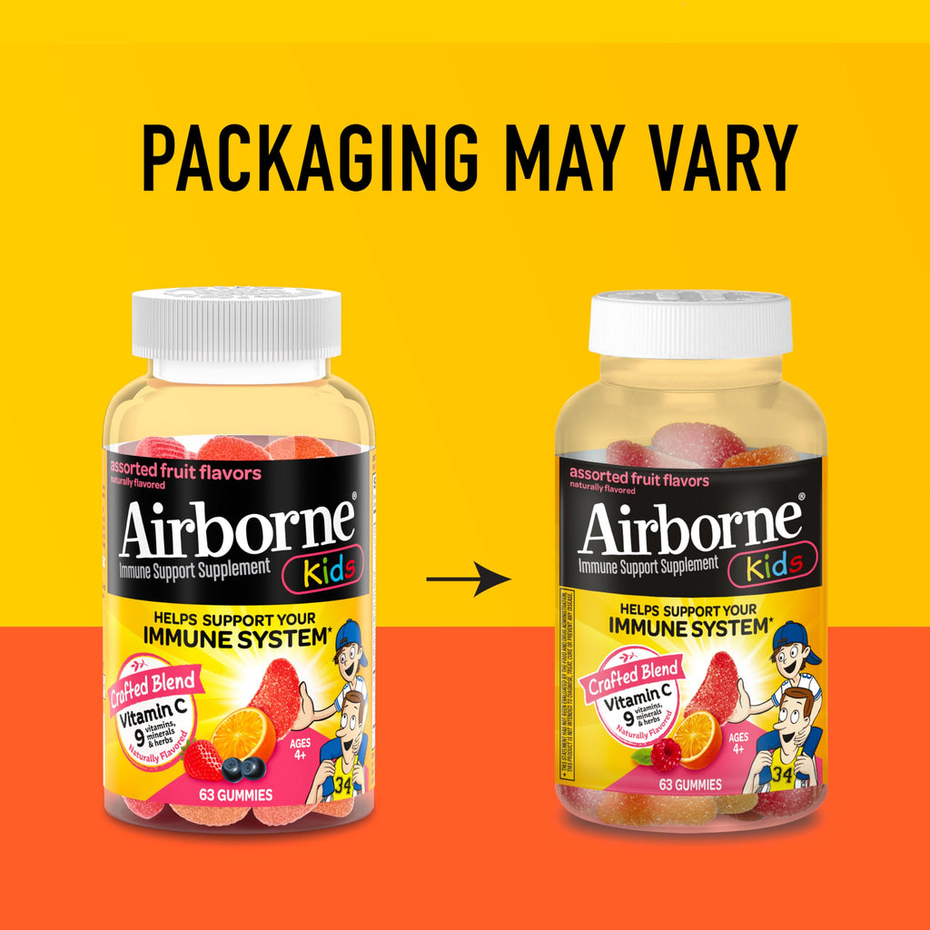 Airborne Vitamin C 500mg (per Serving) - Assorted Fruit Flavored Kids Gummies (63 Count in a Bottle), Gluten-Free Immune Support Supplement with Vitamins C E, Selenium