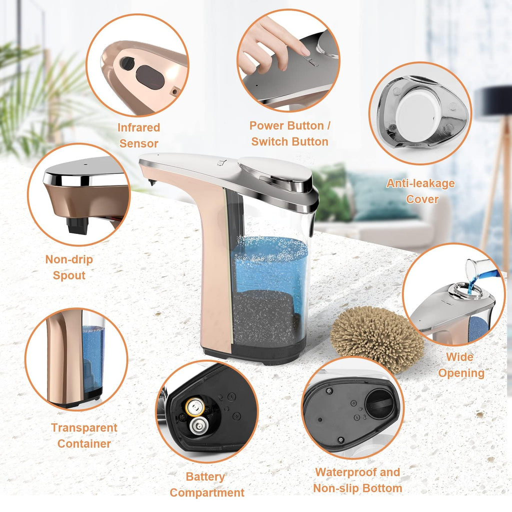 Automatic Soap Dispenser, PZOTRUF Touchless 17oz/500ml with Upgraded Infrared Sensor, 5 Adjustable Soap Dispensing Levels, Liquid Hand Soap Dispenser for Bathroom (Rose Gold)