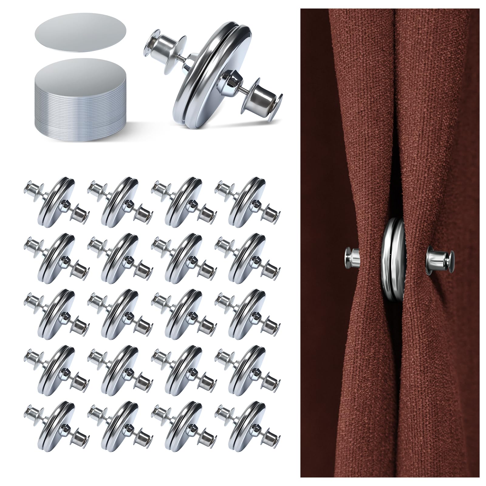 20Pairs Curtain Magnets, ZNJAVX Curtain Magnets Closure with 20pcs Self-Adhesive Patch – Strong Magnetic Curtain Clips to Keep Curtain Closed for Indoor Outdoor, Shower, Bedroom, Office