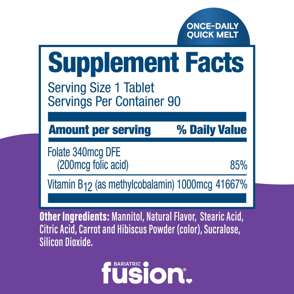 Bariatric Fusion Vitamin B12 Sublingual 1000 mcg Melts | Grape Flavored | Vitamin B12 Dissolve Under Tongue Tablets with Folic Acid | Sugar Free | Methylcobalamin | 90 Count