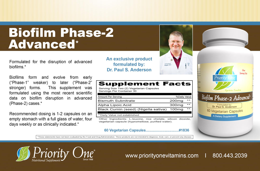 Priority One Vitamins Biofilm Phase-2 Advanced 60 Vegetarian Capsules Exclusively formulated by: Dr. Paul S. Anderson - Disruption of Advanced biofilms*
