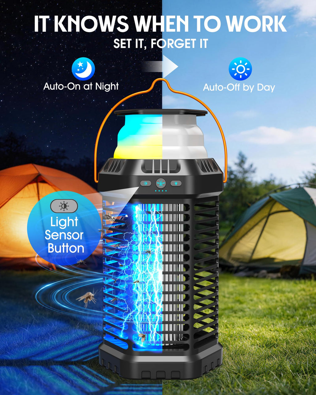 GTERT Solar Bug Zapper Outdoor, Rechargeable Mosquito & Fly Zapper with Auto ON/Off, 6000mAh Long-Lasting, Foldable Camping Light, Solar & USB Powered Bug Zapper for Patio, Camping & Indoor Use