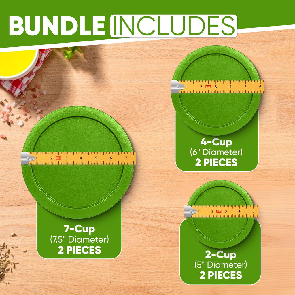 Replacement Lids for Pyrex Containers Round Glass Food Plastic (2) 2-Cup (2) 4-Cup (2) 7-Cup (Green)
