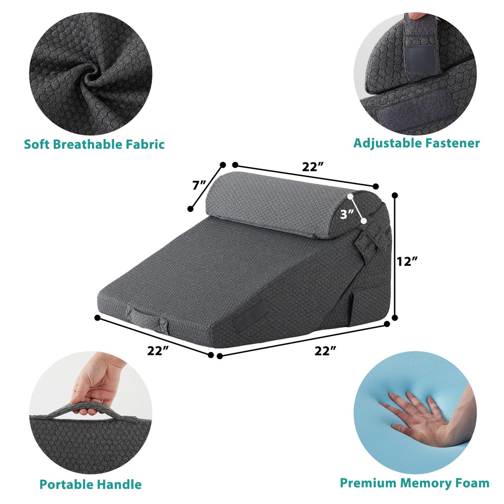Bedluxe 3Pcs Orthopedic Bed Wedge Pillow Set, Foam Wedge Pillow Post Surgery for Back, Leg and Knee Support, Adjustable 9&12 Inch Folding Triangle Pillow for Sleeping, Acid Reflux, Snoring, Dark Grey