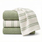 MosJos Kitchen Towels, Cotton Hand Towels, Sage Green and Cream Ribbed - Mini Weaved Stitched Set of 4 Absorbent Hand Drying Cloths, 18 x 28 Kitchen Linens