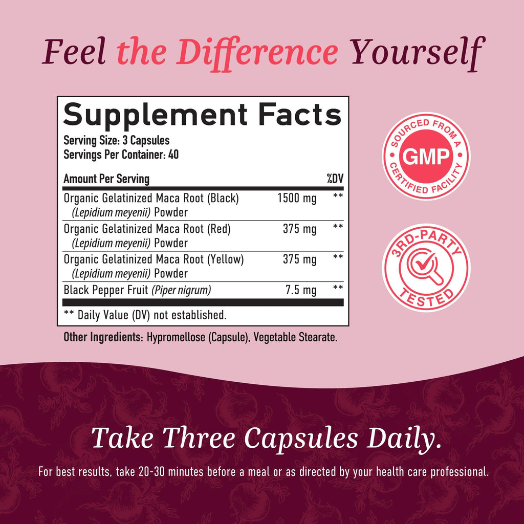 Organic Maca Root Capsules for Women | Peruvian Maca 2250MG Extra Strength | Red, Black & Yellow Root Powder with Black Pepper | Herbal Supplement to Support Energy & Hormone Balance | 120 Ct