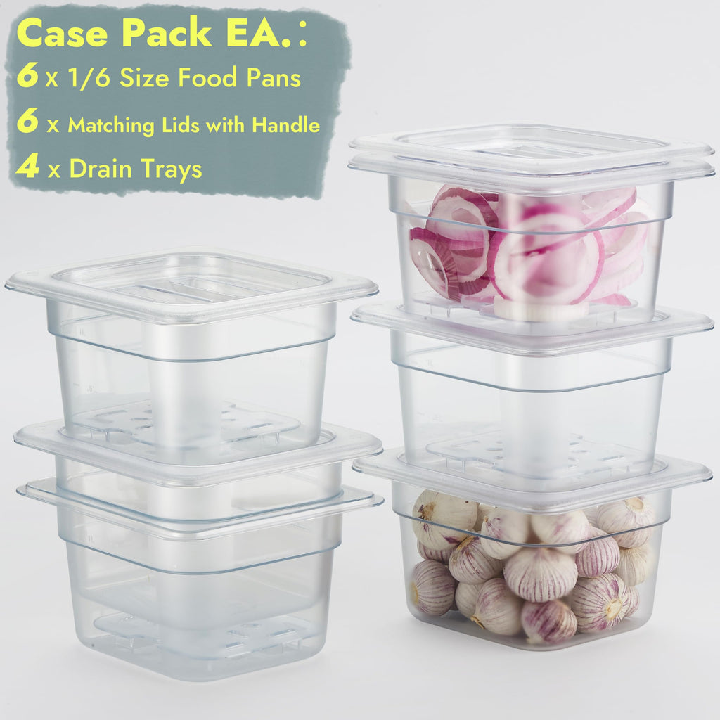 CURTA 6-Pack 1/6 Size 4" Deep NSF Polycarbonate Food Pans with Handled Lids & Drain Trays | Dishwasher & Freezer Safe Clear Container for Prep Tables, Buffet, Salad Bar, Commercial & Home Kitchen