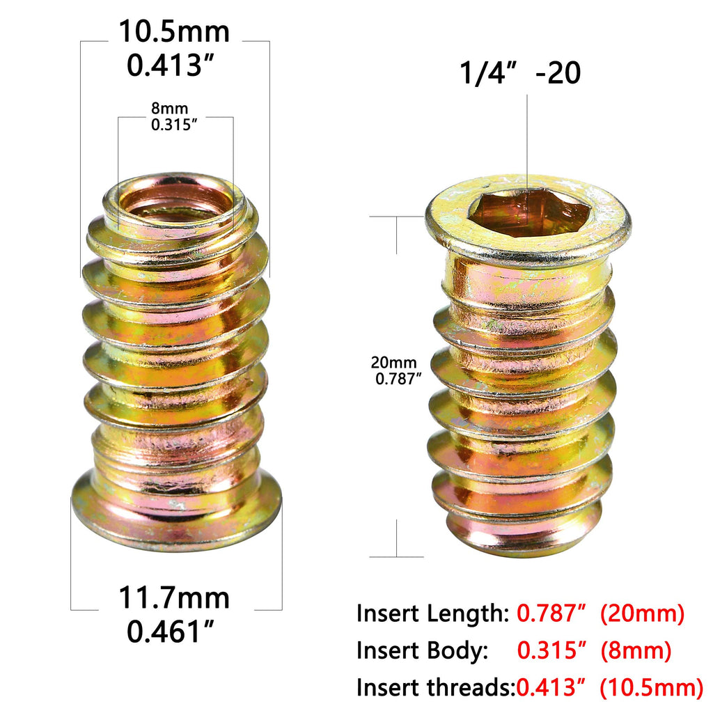 PGMJ 200 Pcs Threaded Inserts for Wood - Metal Screws Assortment Hex Socket Drive 1/4 "- 20 Nut Inserts, Bolt Fastener Connector Wood Embellishments for Furniture (1/4"-20x20mm)