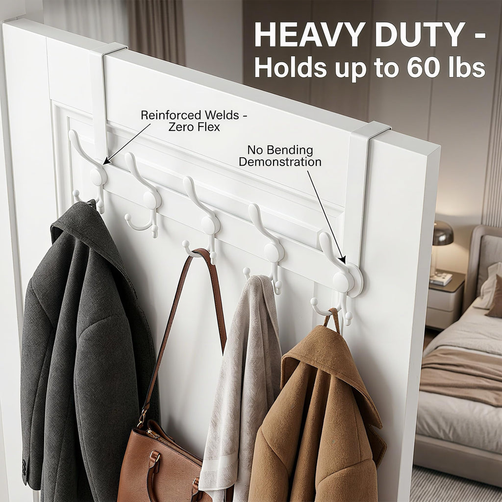Encozy Over The Door Hooks,Coat Rack for Hanging Clothes Hat Towel (Heavy Duty White 2pcs)