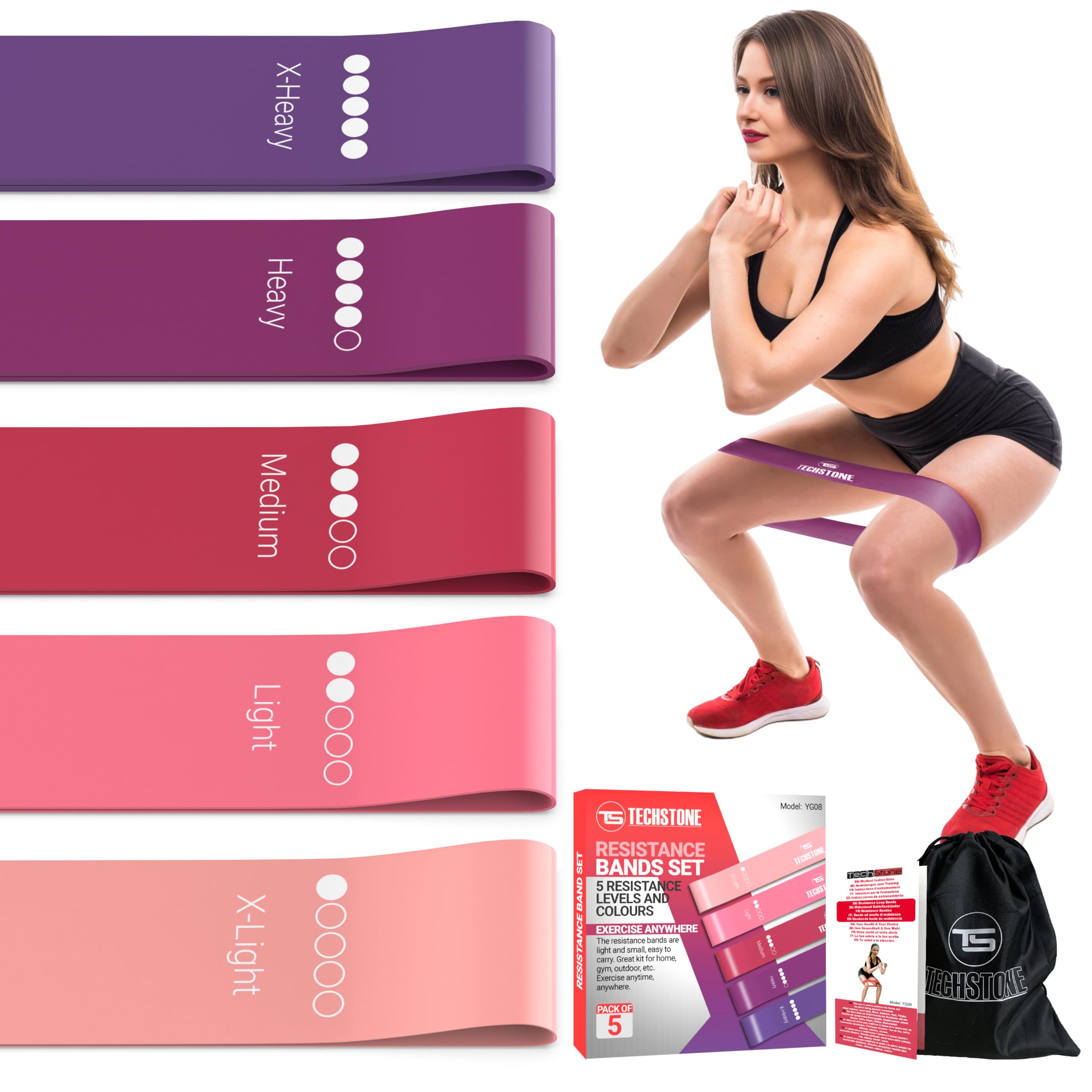 TechStone Resistance Bands Set for Men and Women, Pack of 5 Different Levels Elastic Band for Home Gym Long Exercise Workout ��� Great Fitness Equipment for Training, Yoga ��� Free Carrying Bag (Red)