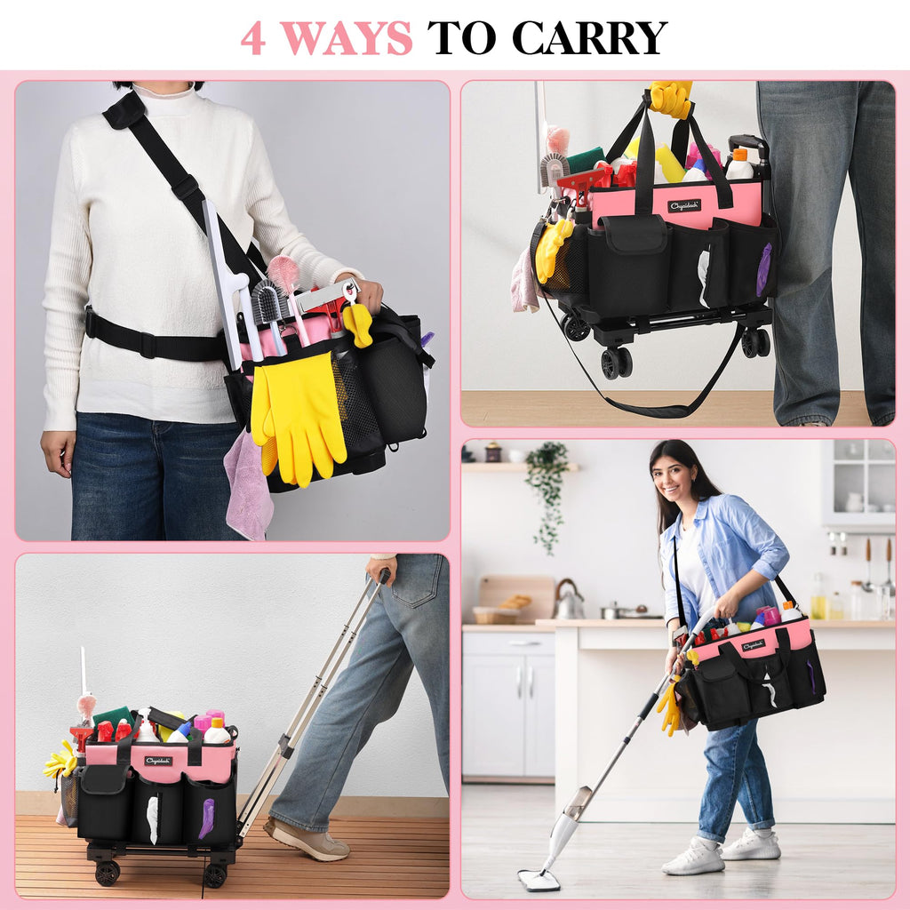 Chyaidach Rolling Cleaning Caddy, Cleaning Supplies Organizer with Trolley, Wearable Cleaning Tote Bag on Wheels with Hard Bottom, Cleaning Carts for Housekeepers/Home/Car/Office/Picnic (Pink)