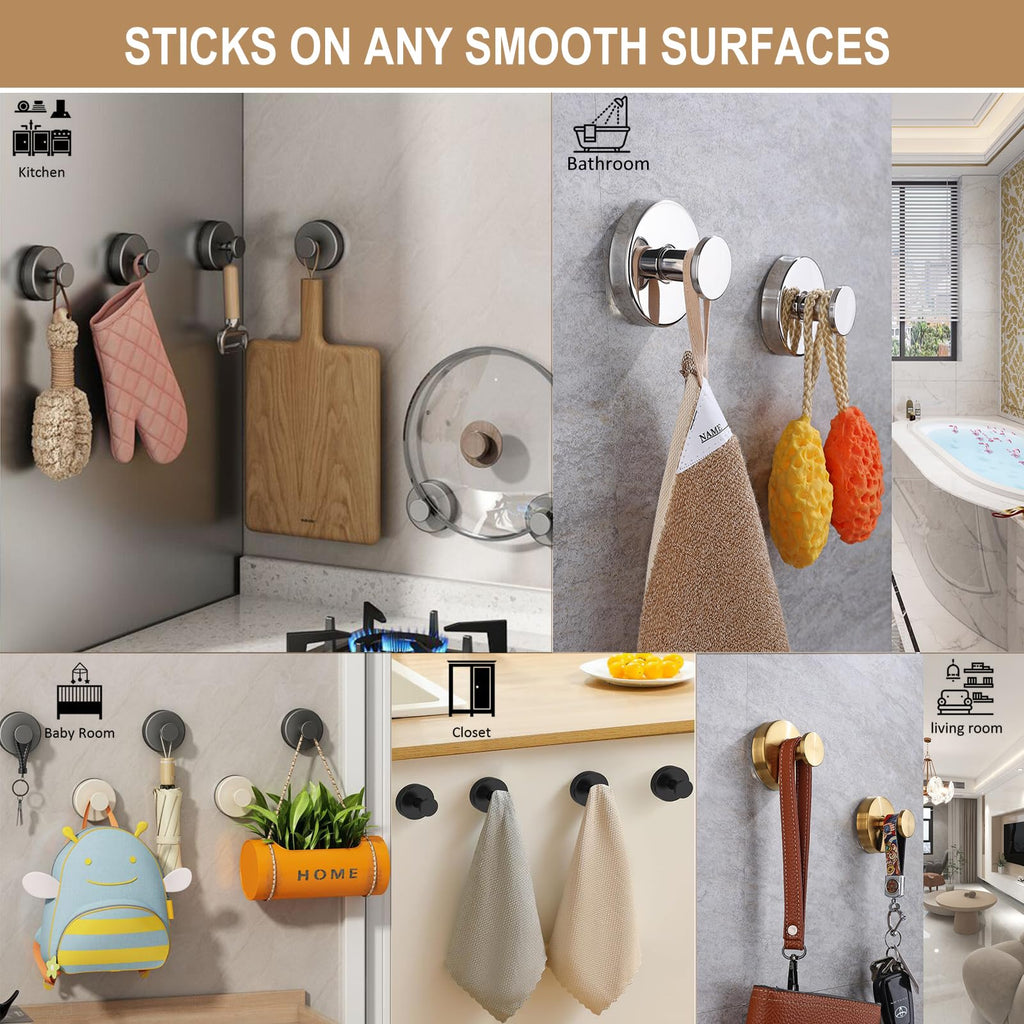 ZESLMG Suction Cup Hooks for Shower, Chrome Wreath Hangers for Front Door Glass Window Bathroom Kitchen Wall, Removable Towel Holder Bath Robe Loofah Coat Hooks No Damage for Hanging, 2 Pack
