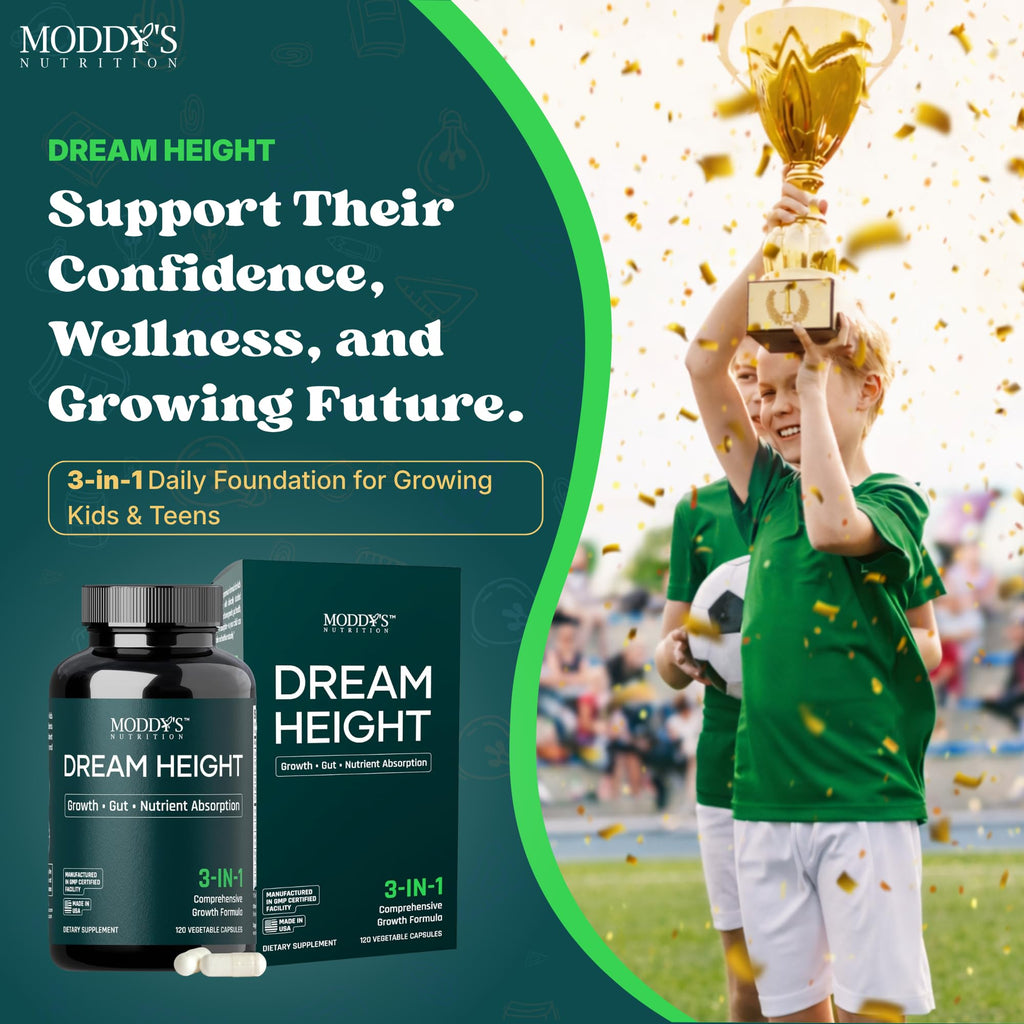 Moddy's Nutrition DreamHeight Growth Supplement for Kids & Teens, Bone, Immune & Sleep Support, Clinically Studied Formula, 120 Small Easy-to-Swallow Capsules