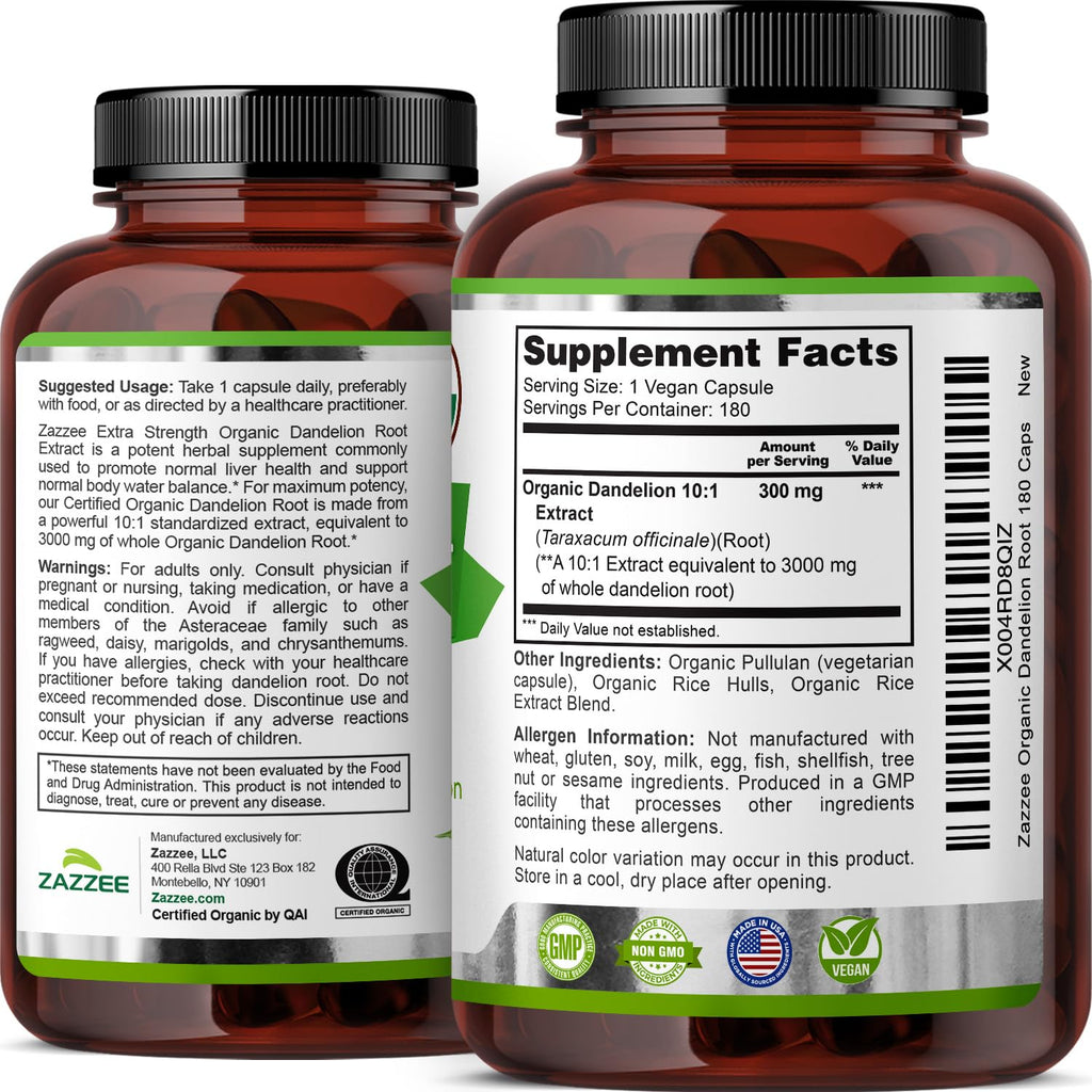 Zazzee USDA Organic Dandelion Root 10:1 Extract, 180 Capsules, 6 Month Supply, Liver & Detox Support, Taraxacum Officinale, Organic Herbal Supplement, All-Natural, Non-GMO, Made in the USA