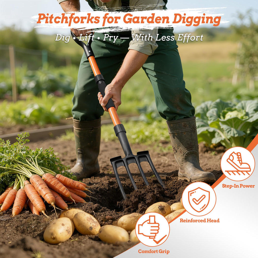 Garden Fork for Digging, 4-Tine Pitch Fork with Foot Step, Ergonomic Y-Handle & Comfortable Grip, Lightweight Durable Pitchfork for Soil Loosening, Compost, Mulch, Weeding & Potato Harvest - 43 Inches