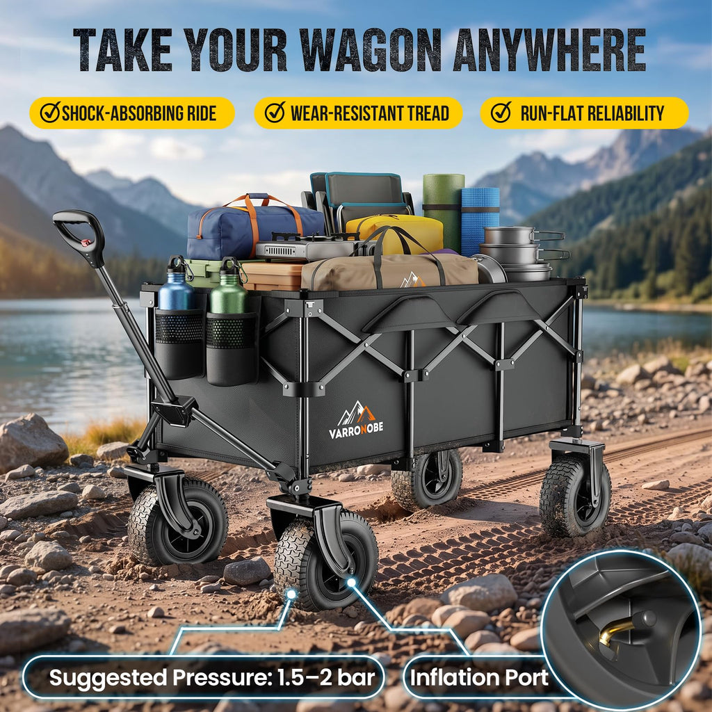 All-Terrain Beach Wagon with 10" x 3.5" Big Inflatable Rubber Wheels for Sand, 220L Collapsible Utility Wagon, 400 lbs Heavy Duty Folding Cart with 2 Cup Holders for Camping, Sports, Garden, Black