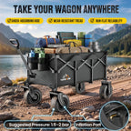 All-Terrain Beach Wagon with 10" x 3.5" Big Inflatable Rubber Wheels for Sand, 220L Collapsible Utility Wagon, 400 lbs Heavy Duty Folding Cart with 2 Cup Holders for Camping, Sports, Garden, Black